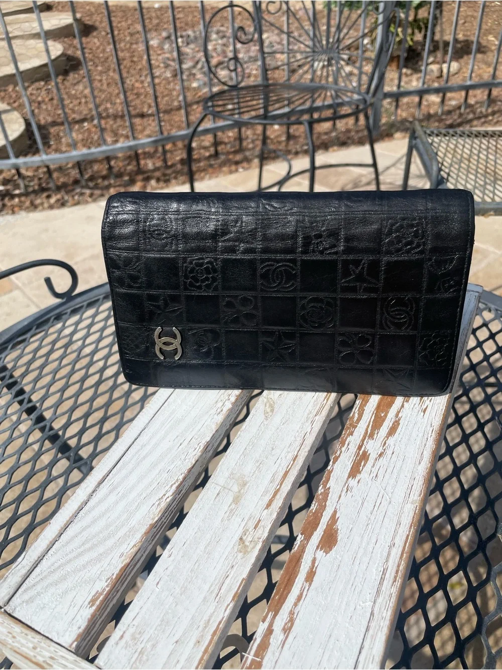 CHANEL Black Quilted Embossed Leather Wallet Clutch with Gold CC